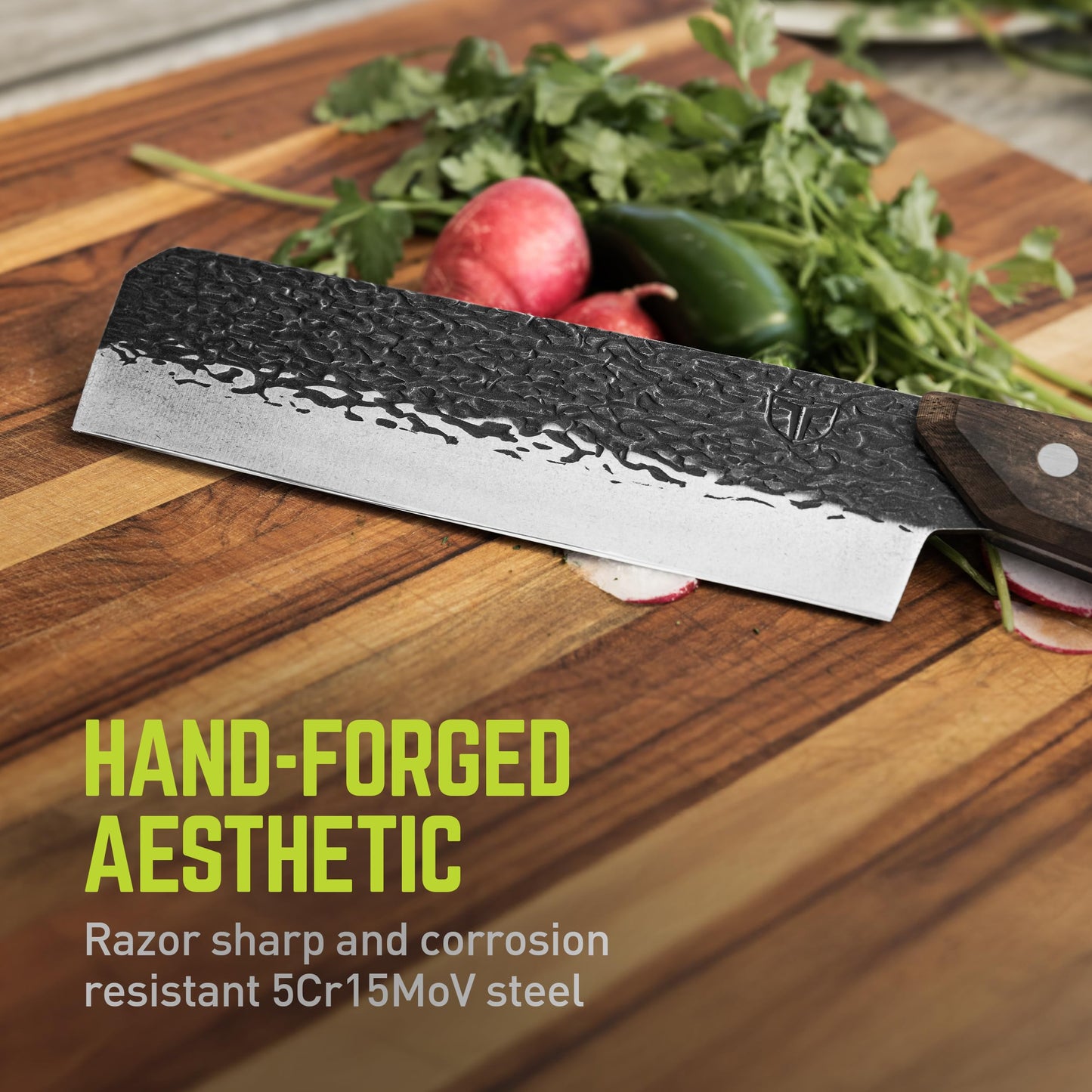 TRUE PrimalForge Nakiri Knife | Precision Cutting, Vegetable Cutlery, Home & Professional Knife, Rugged Stonewash Finish, Sharp 5Cr15MoV Stainless-Steel, Wood Handle, Hand Forged Appearance