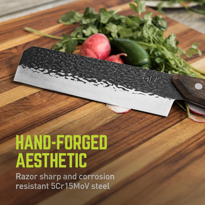 TRUE PrimalForge Nakiri Knife | Precision Cutting, Vegetable Cutlery, Home & Professional Knife, Rugged Stonewash Finish, Sharp 5Cr15MoV Stainless-Steel, Wood Handle, Hand Forged Appearance