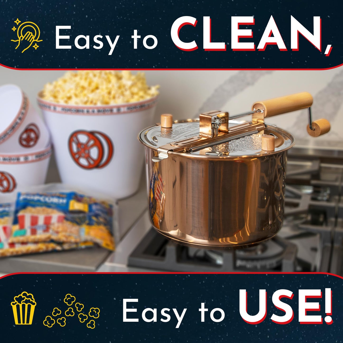 Original Whirley Pop Popcorn Maker - 6 Quart Stovetop Popcorn Popper With Four Popping Kits, Aluminum Popcorn Pot With Metal Gears, Wabash Valley Farms Stove Top Popcorn Maker, Popcorn Pan (Silver)