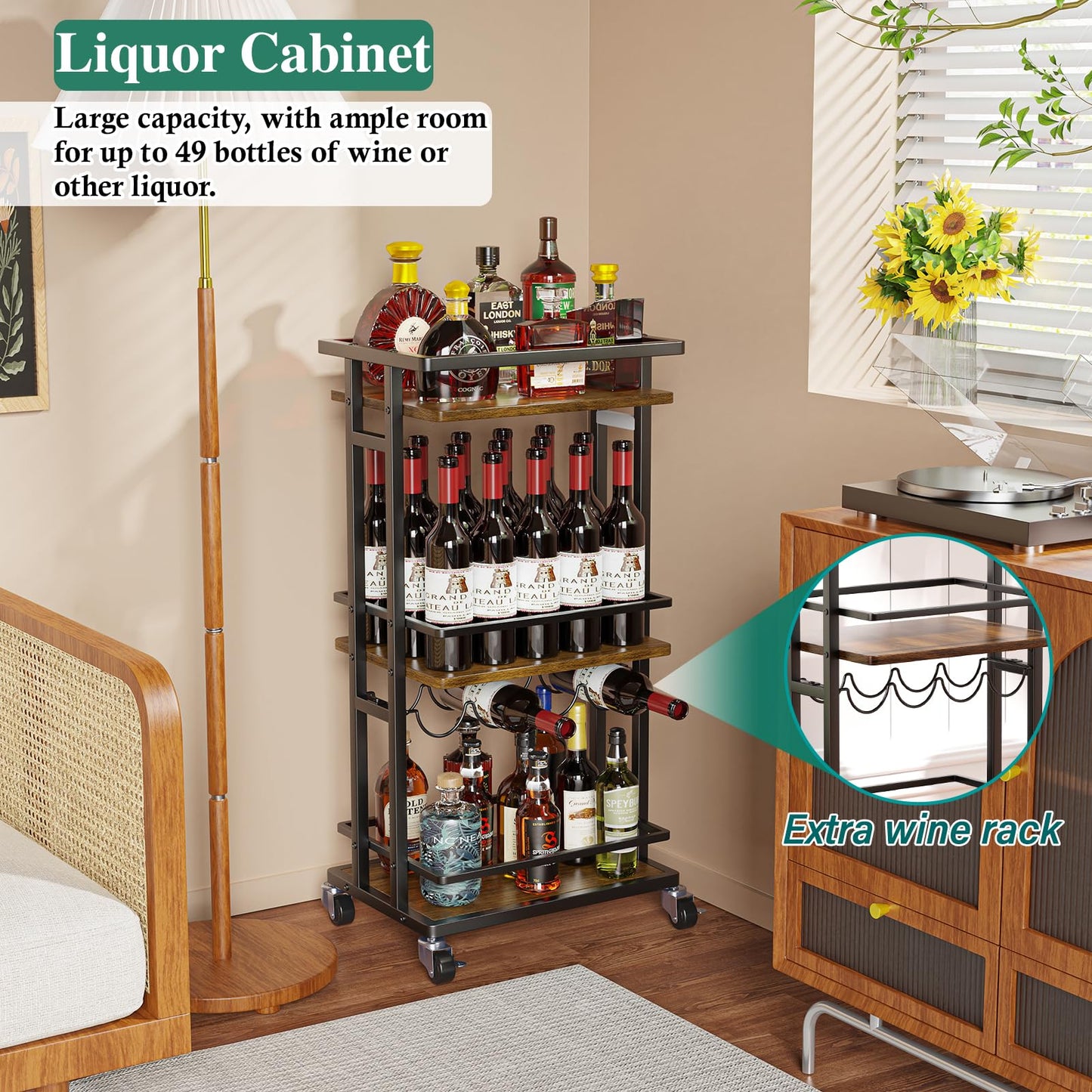 OKZEST 3-Tier Liquor Cabinet with Wine Rack, Mini Bar Cart for Home, Small Liquor Bar for Alcohol, Rolling Kitchen Serving Cart on Wheels, Wine Drink Cart for Party, Bar Stand for Small Space