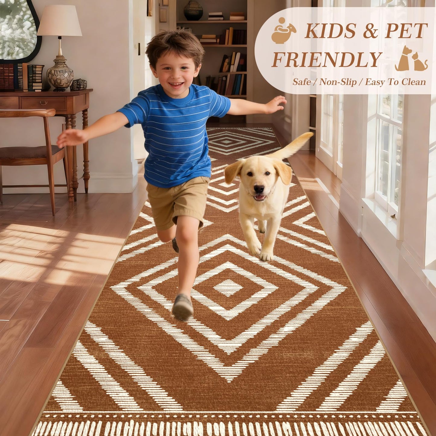Geanlod Boho Hallway Runner Rugs 2.6x14ft Non Slip, Long Brown Washable Entryway Rug Runners Non Shedding, Geometric Kitchen Floor Carpets for Doorway Entrance Farmhouse Living Room Home Decor