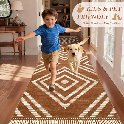Geanlod Boho Hallway Runner Rugs 2.6x14ft Non Slip, Long Brown Washable Entryway Rug Runners Non Shedding, Geometric Kitchen Floor Carpets for Doorway Entrance Farmhouse Living Room Home Decor