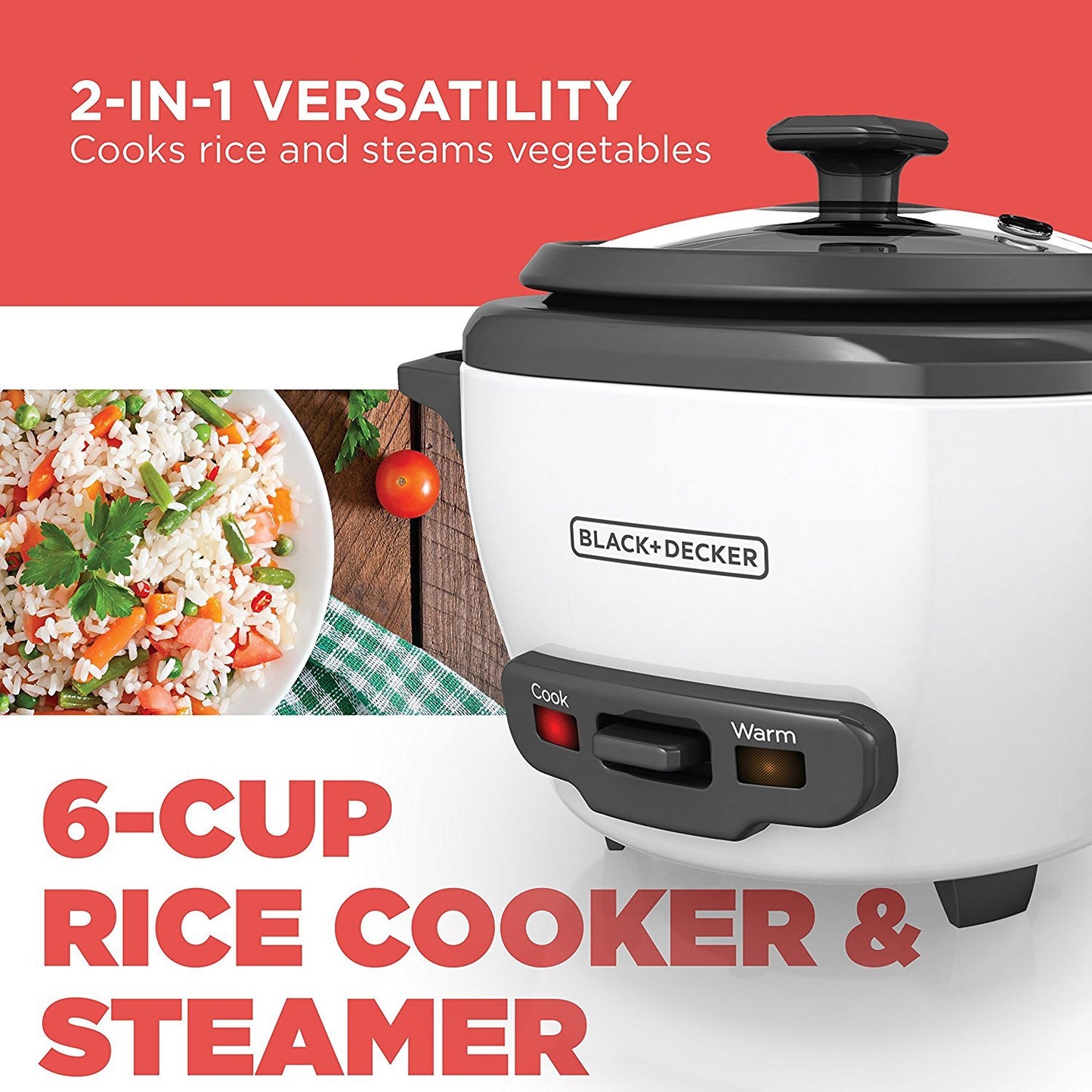 BLACK+DECKER 2-in-1 Rice Cooker & Steamer – 6-Cup, Auto Keep Warm, Nonstick Bowl & Basket for Effortless Cooking