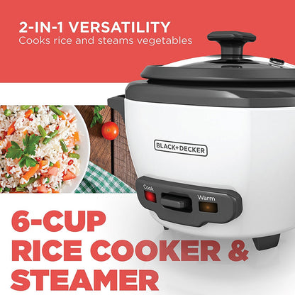 BLACK+DECKER 2-in-1 Rice Cooker & Steamer – 6-Cup, Auto Keep Warm, Nonstick Bowl & Basket for Effortless Cooking