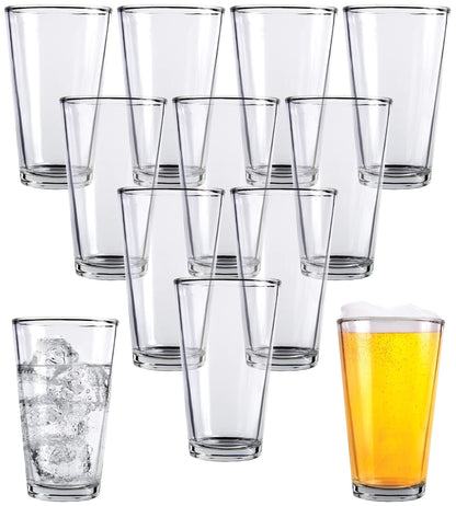 Kitchen Lux Pint Beer Glasses Set of 12 – 16 oz Tall Clear Drinking Glasses and All Purpose Tumblers – Heavy Base Cocktail, Water, Juice Glass – Pub Style Design For Home Dining, Bars, and Parties