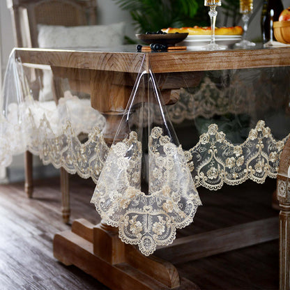 ARTABLE Vinyl PVC Rectangle Tablecloth Waterproof Clear Table Cover with Champagne Lace Macrame Border for Wedding Kitchen Home Outdoor Indoor Holidays Party Decor (Gold, 60 x 104 Inch)