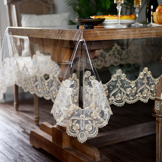 ARTABLE Vinyl PVC Rectangle Tablecloth Waterproof Clear Table Cover with Champagne Lace Macrame Border for Wedding Kitchen Home Outdoor Indoor Holidays Party Decor (Gold, 60 x 104 Inch)