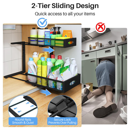 Under Sink Organizer, 2 Pack 2 Tier Pull Out Under Cabinet Organizer Shelf with Pad for Framed Cabinets, Metal Slide Out Under Sink Storage, Mesh Sliding Drawers for Kitchen Bathroom Laundry, Black