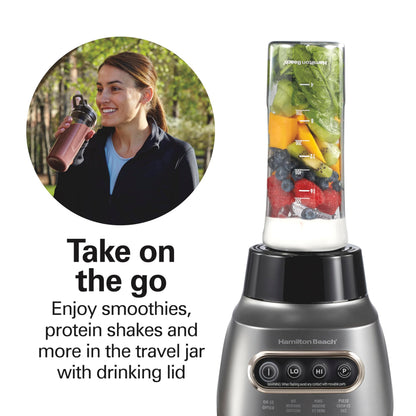 Hamilton Beach Wave Action Blender for Smoothies, Stainless Steel Ice Sabre Blades, 40oz Glass Jar, 20oz Blend-In Portable Travel Jar, 800 Watts, Quiet Design, Gray (58181)