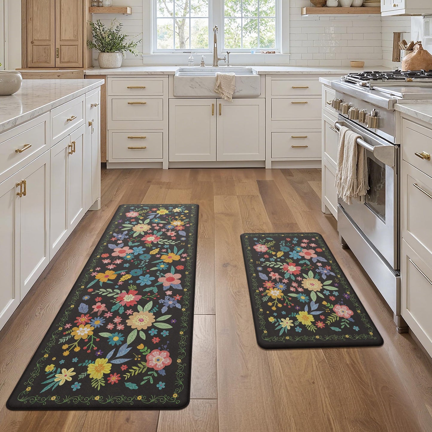 GENIMO Kitchen Mats for Floor 2PCS, Cushioned Kitchen Rugs Non Slip Washable, Farmhouse Anti Fatigue Mat Waterproof, Comfort Standing Mat Rug for Laundry, Office, Home, Sink, 23.6"x71"+20"x32", Black