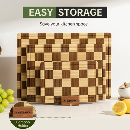 THETCHRY Bamboo Cutting Board Set, Checkered Wood Cutting Boards for Kitchen with Juice Groove, Non Toxic Wooden Charcuterie Boards, Non Slip Chopping Board for Meat Fruit Cheese, Housewarming Gift