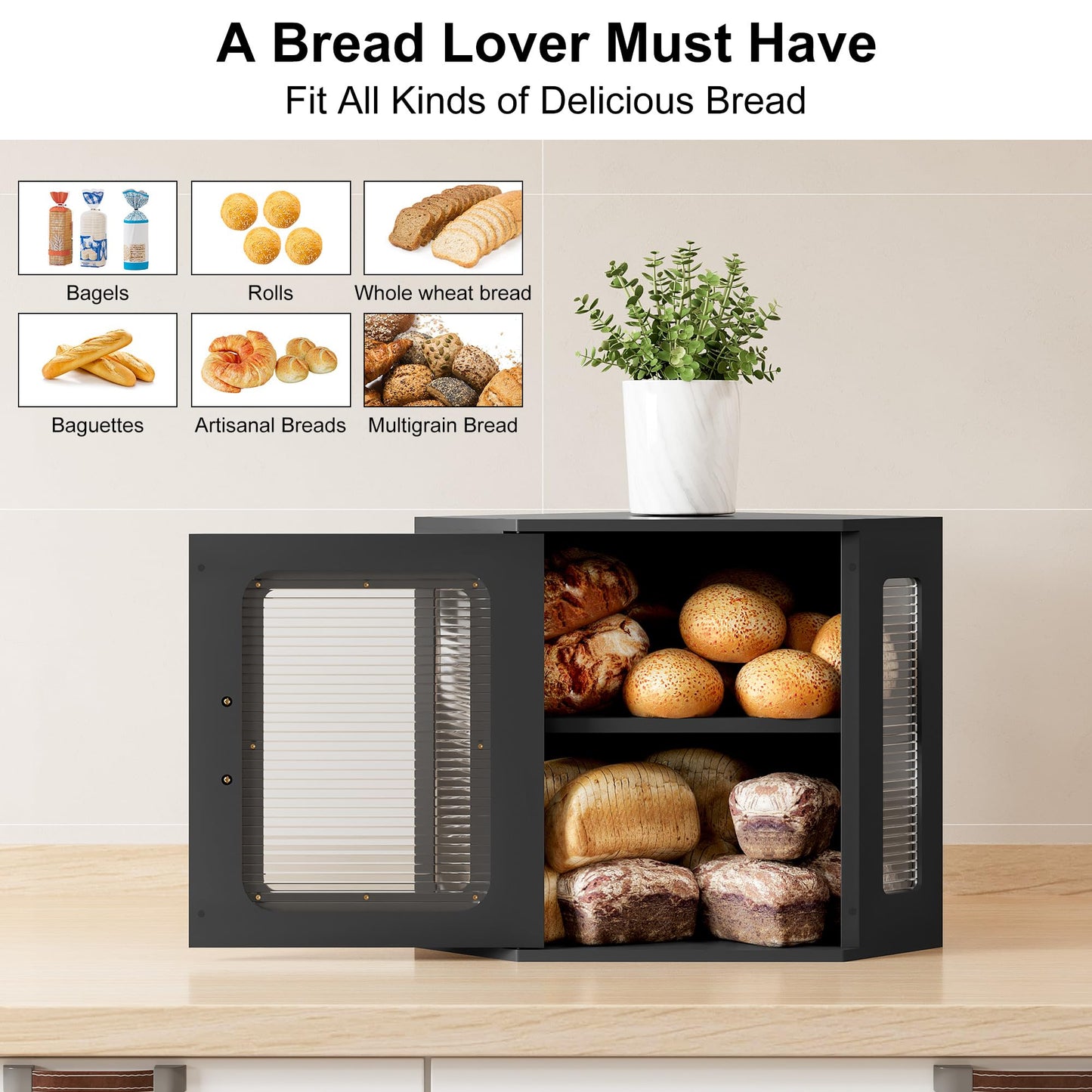 TQVAI Bread Box for Kitchen Countertop Large Corner Bread Loaf Storage Container Double Layer Wooden Bread Boxes Bin Farmhouse Pantry Shelf with Acrylic Window, Black
