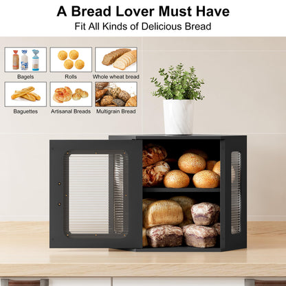 TQVAI Bread Box for Kitchen Countertop Large Corner Bread Loaf Storage Container Double Layer Wooden Bread Boxes Bin Farmhouse Pantry Shelf with Acrylic Window, Black