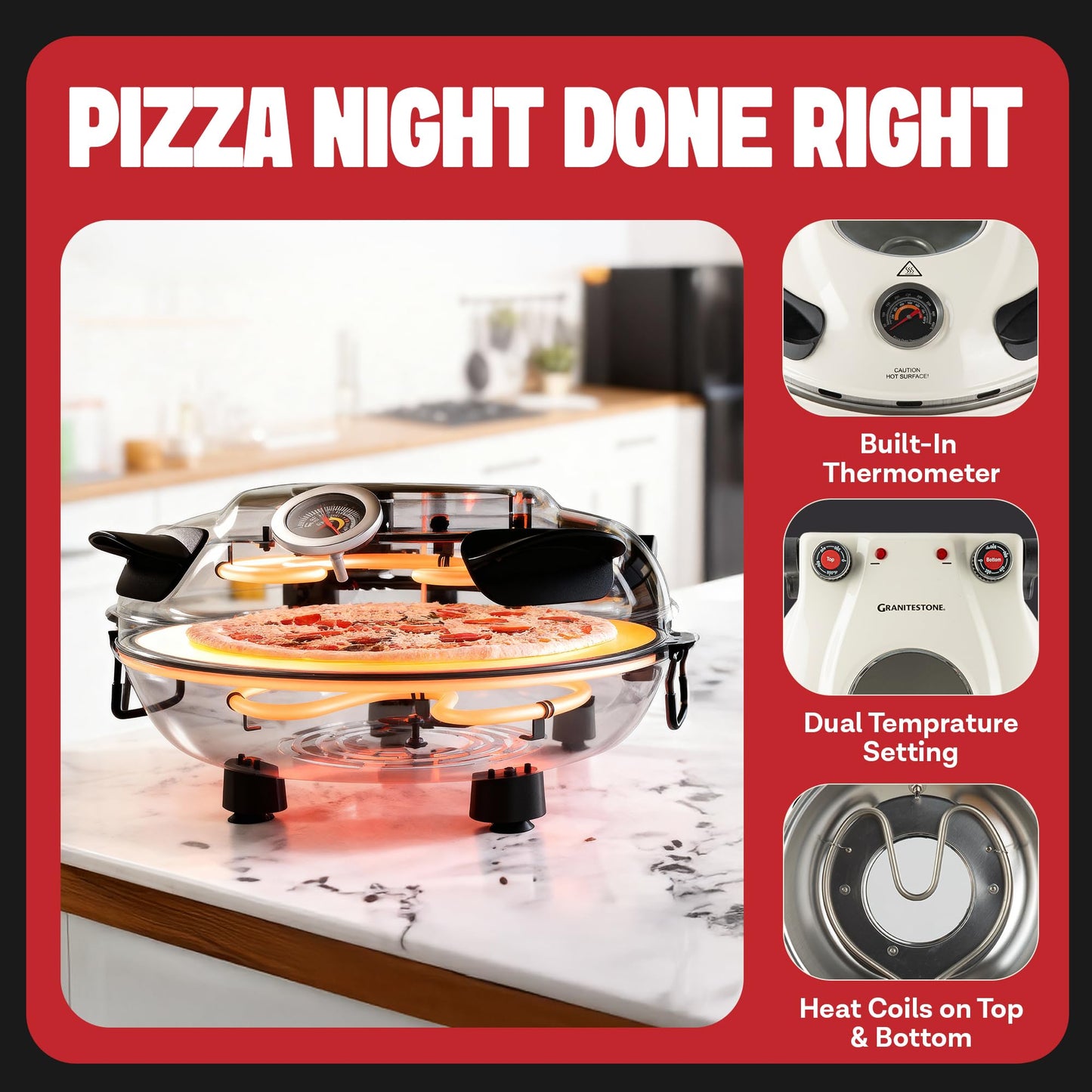 PIEZANO Crispy Crust Pizza Oven by Granitestone – 12 Inch Electric Pizza Oven Indoor Countertop Maker with Ceramic Stone Heats up to 800˚F for Delicious Stone Baked Pizzeria Style Pizza at Home