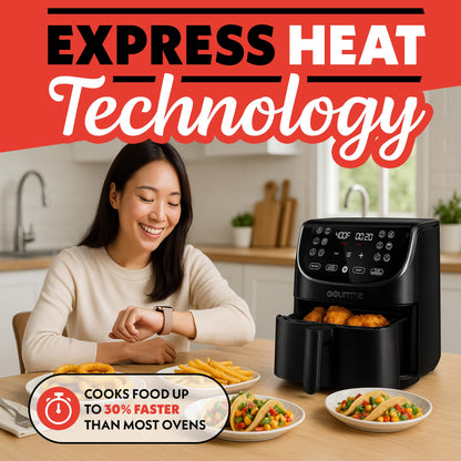 Gourmia Air Fryer - 7 Qt Large Capacity, FryForce 360º, Digital Display with 12 Presets, Roast, Bake, Broil, Dehydrate, Dishwasher Safe Accessories, Black
