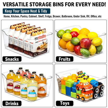 12 PACK Multi-Use Clear Plastic Storage Bins for Organizing w/ Labels - Home, Kitchen, Pantry, Bathroom, Office, Cabinet Shelf Organizer Bins - SOHO Collection, RV, Fridge Organization Containers -XL