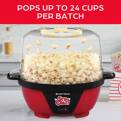 West Bend Stir Crazy Hot Oil Popcorn Popper, Popcorn Maker Machine with Large Serving Bowl Lid and Stirring Rod Perfect for Movie Night Snack Time or Parties, 6-Quart, Red