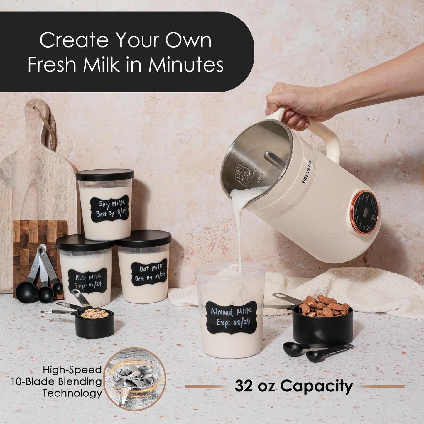 BELVENA All-In-One Bundle Nut Milk Maker Machine – Includes 4 Storage Bottles, Labels & Measuring Set 32oz Capacity 8 in 1 Function Soy Milk Maker Machine Automatic Stainless Steel Almond Nut Oat Rice