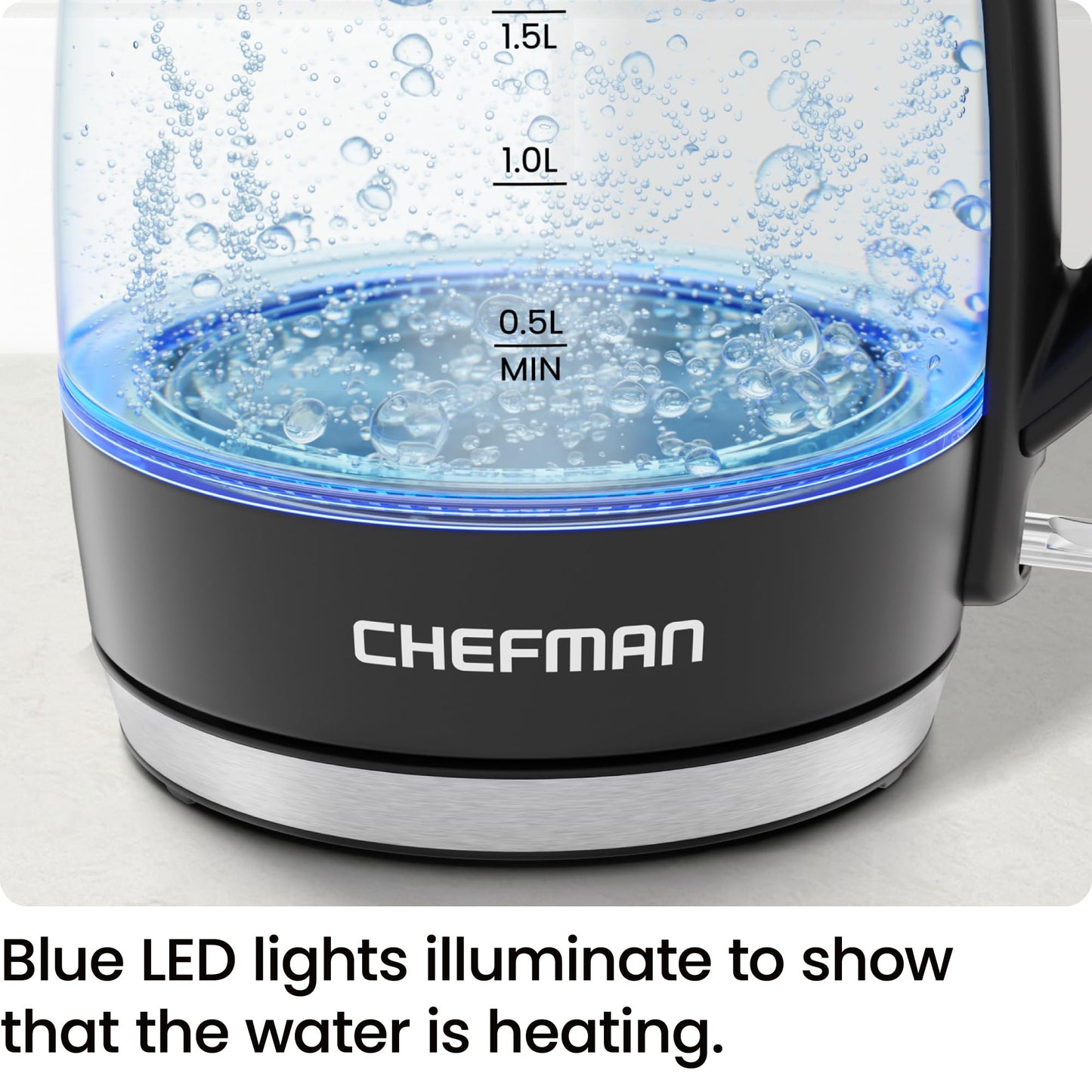 Chefman 1.8L Electric Glass Kettle, 1500W, Auto Shut Off, Boil-Dry Protection, BPA Free, Easy-Clean Lid
