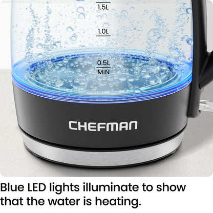 Chefman 1.8L Electric Glass Kettle, 1500W, Auto Shut Off, Boil-Dry Protection, BPA Free, Easy-Clean Lid
