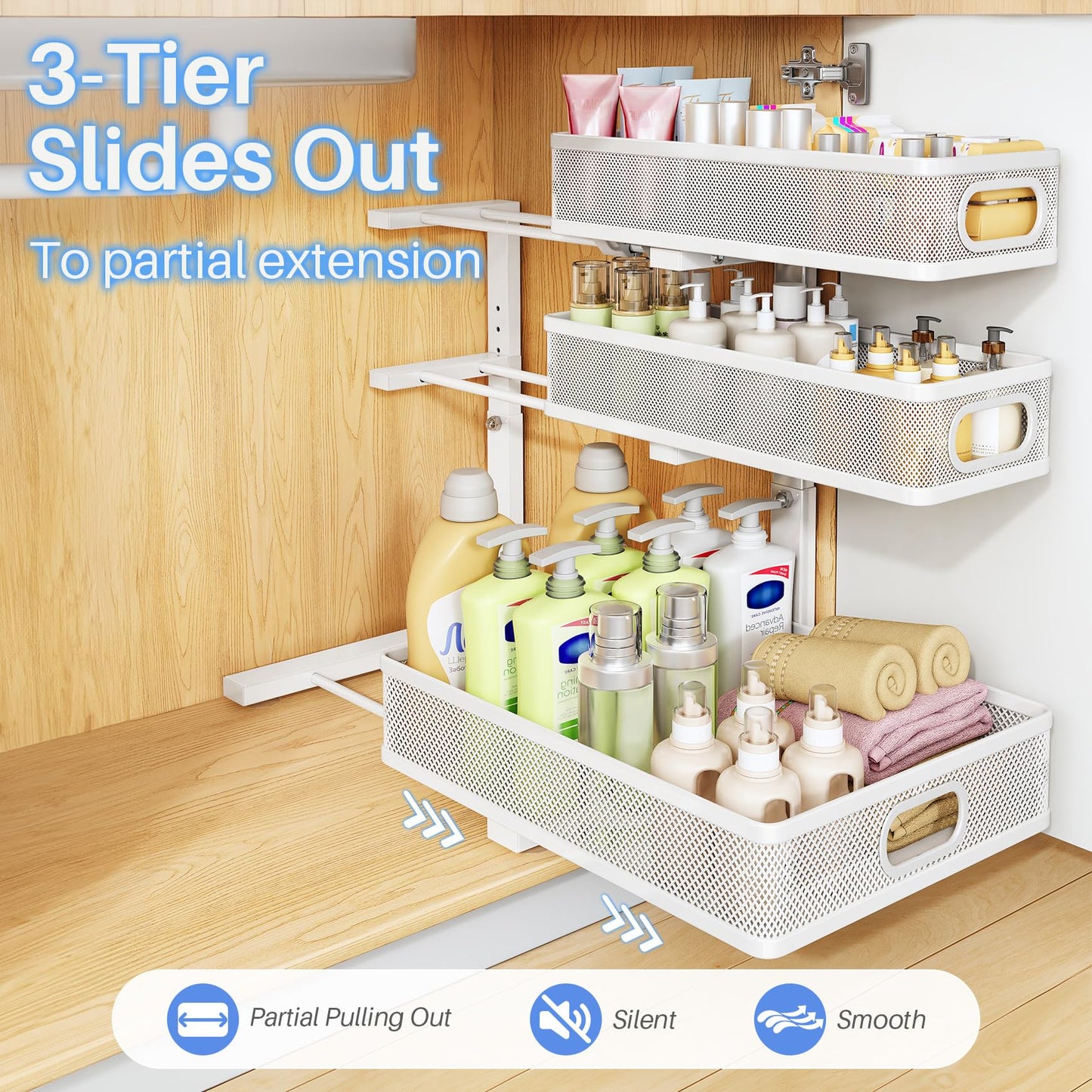 Under Sink Organizer, 1-Pack 3-Tier Thickened Metal Pull out Cabinet Organizer Shelf, Height Adjustable Slide out Storage Drawer Rack for Kitchen Bathroom Pantry Laundry Home Organization, White
