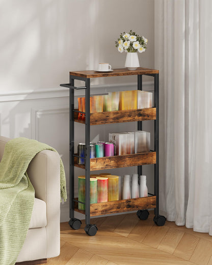 CHOEZON 4-Tier Slim Storage Cart, 7.1'' Kitchen Serving Trolley, Slim Rolling Cart with Handle and Guard Rails, Slim Cabinet for Small Spaces, for Dining Room, Rustic Brown and Black TTC02BF