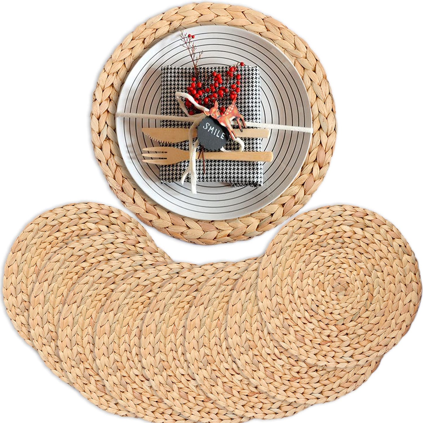 Natural Water Hyacinth Round Placemats, Boho Wicker Placemats, Chargers for Dinner Plates, Home Decor Dining Table, Kitchen Decor, Kitchen Table Centerpiece, Charger Plates (Platemat 34cm-Set8)