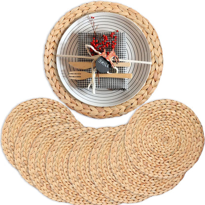 Natural Water Hyacinth Round Placemats, Boho Wicker Placemats, Chargers for Dinner Plates, Home Decor Dining Table, Kitchen Decor, Kitchen Table Centerpiece, Charger Plates (Platemat 34cm-Set8)