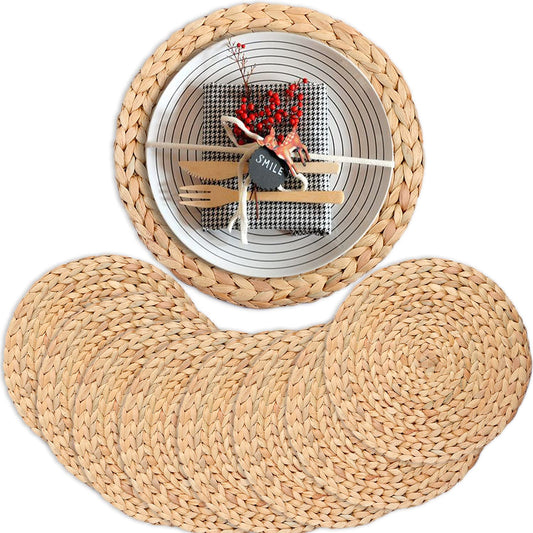 Natural Water Hyacinth Round Placemats, Boho Wicker Placemats, Chargers for Dinner Plates, Home Decor Dining Table, Kitchen Decor, Kitchen Table Centerpiece, Charger Plates (Platemat 34cm-Set8)