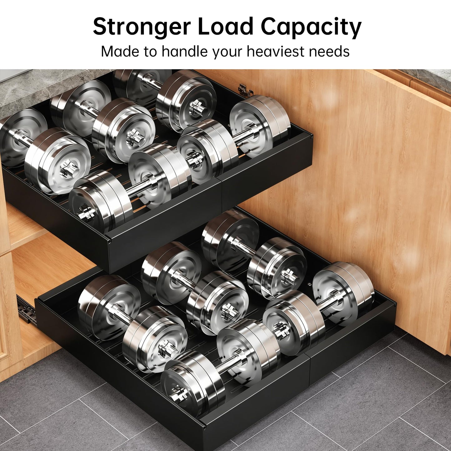 Pull out Cabinet Organizer, 1 pack, 16.5" Deep Heavy Slide out Drawers, Upgrade Three Triple-Slide Rail Systems, Expandable 12.8"-20.8" Roll out Shelf Storage for Kitchen Base Cabinet Organization