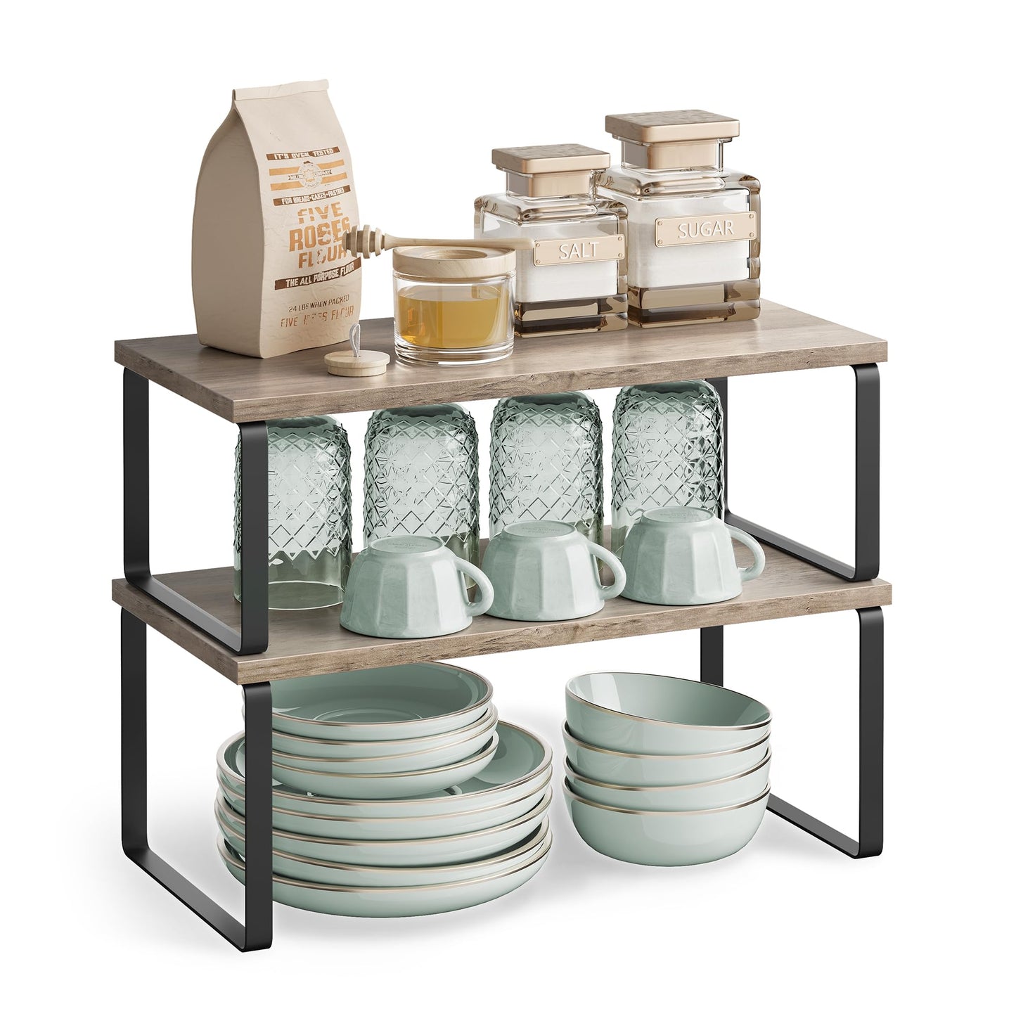 SONGMICS Cabinet Organizer Shelf, Set of 4 Kitchen Counter Shelves, Kitchen Storage, Spice Rack, Stackable, Expandable, Metal and Engineered Wood, Ink Black and Heather Greige UKCS022X02