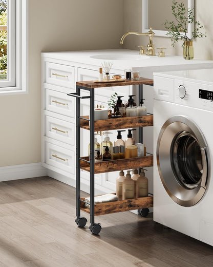 CHOEZON 4-Tier Slim Storage Cart, 7.1'' Kitchen Serving Trolley, Slim Rolling Cart with Handle and Guard Rails, Slim Cabinet for Small Spaces, for Dining Room, Rustic Brown and Black TTC02BF