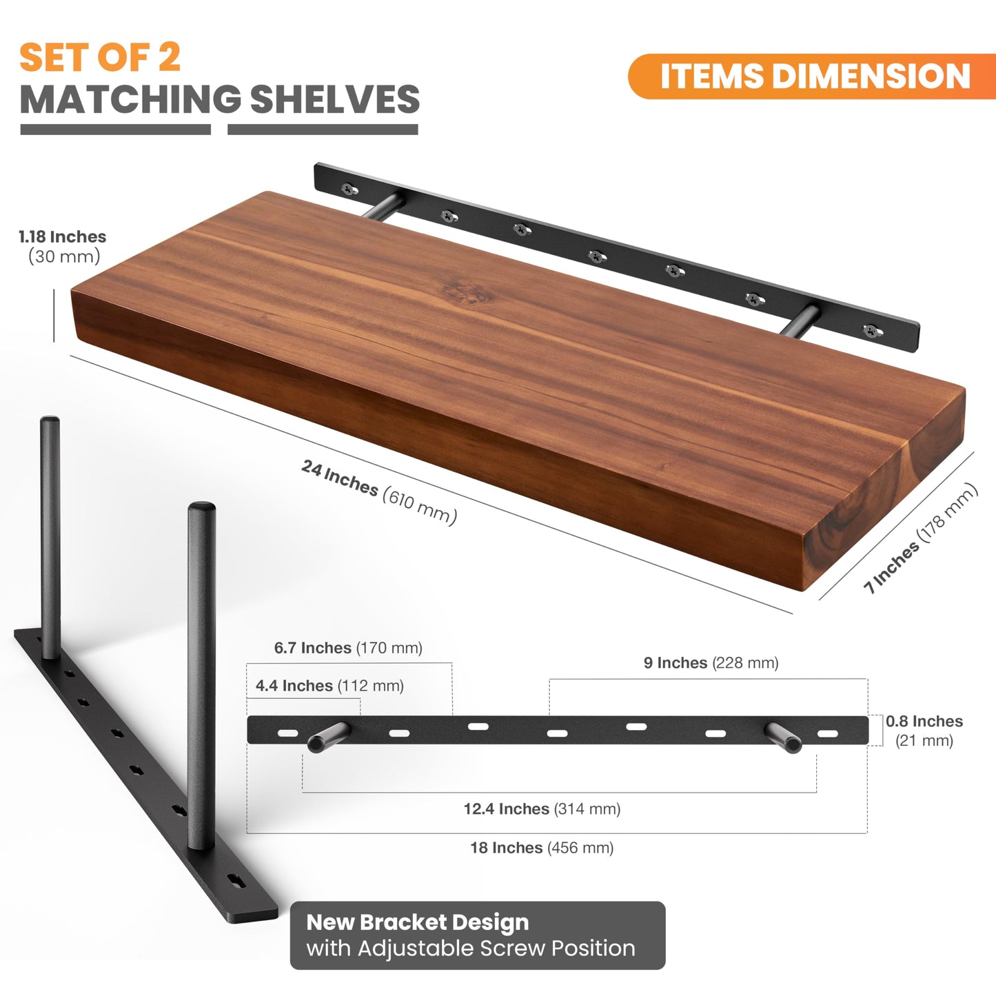 BATODA Set of 2 24" Acacia Wood Floating Shelves Wall Mounted – Rustic Farmhouse Wooden Wall Storage Shelf for Bedroom, Kitchen, Home Décor - Brackets and Shelving Hardware Included