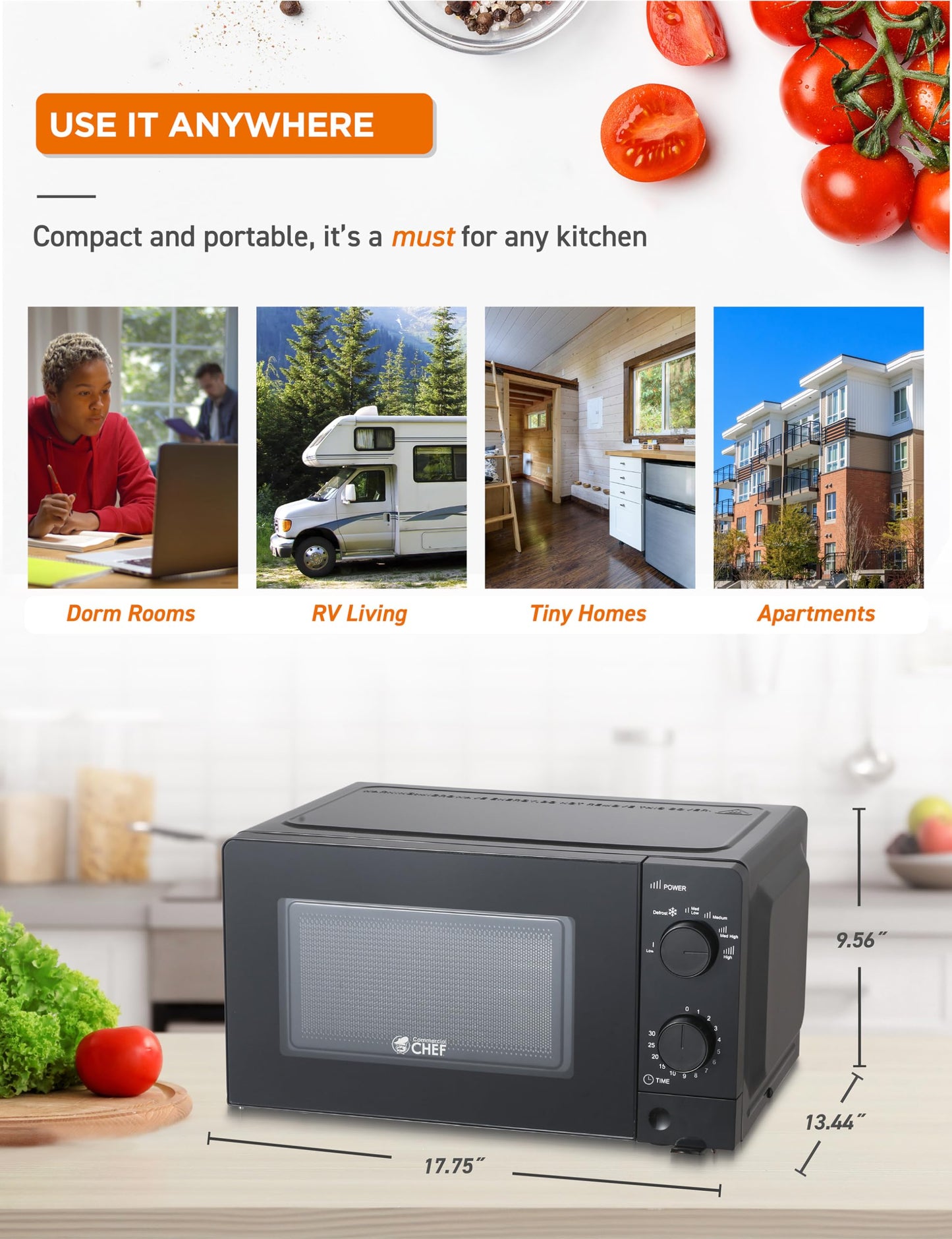 Commercial Chef 0.6 Cu. Ft. Countertop Microwave Oven, Mechanical Dial Controls, 700W, Pull Handle Door, 6 Power Levels, CHM660B, Black