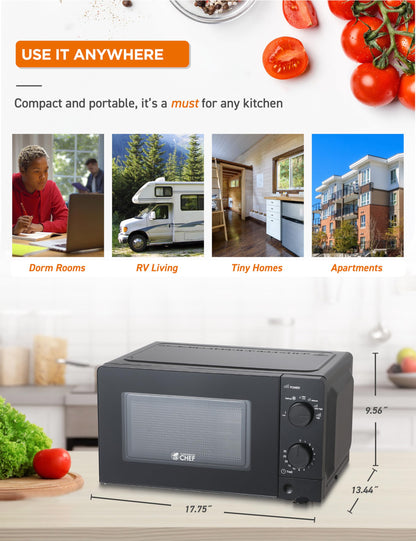 Commercial Chef 0.6 Cu. Ft. Countertop Microwave Oven, Mechanical Dial Controls, 700W, Pull Handle Door, 6 Power Levels, CHM660B, Black