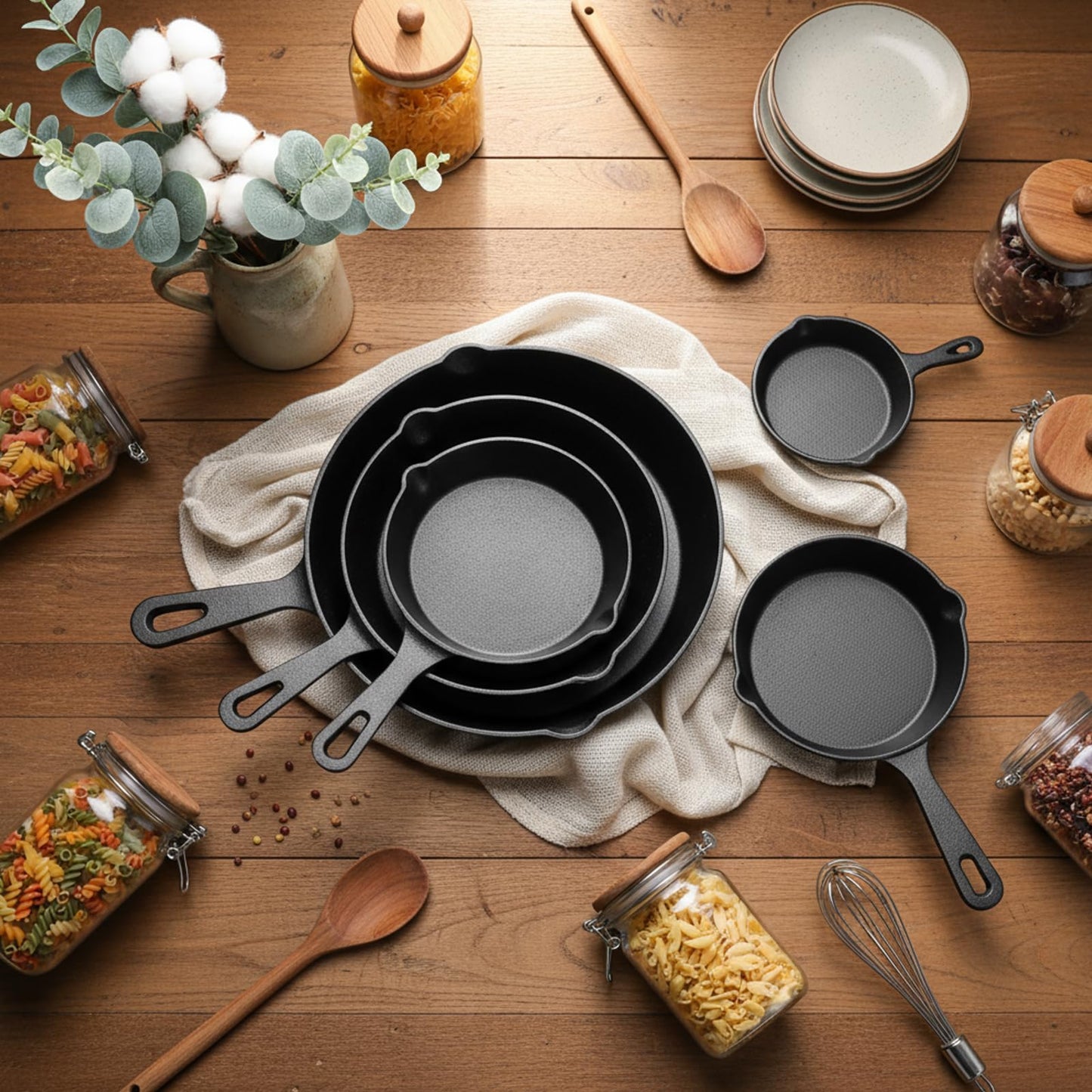 Vesici 5 Pcs Cast Iron Skillet Frying Pans with Drip-spouts Circle Non-stick Frying Skillet Omelette Pan Safe Healthy Cookware for Home Barbecue Kitchen Party Restaurant Catering Service (Mixed Size)