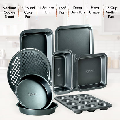 PERLLI Non-Stick 8-Piece Bakeware Set – Carbon Steel with Even Heat Distribution, Oven Safe to 446°F, BPA-Free, Dishwasher Safe, Stackable Baking Tools for Easy Storage and Everyday Cooking - Gray