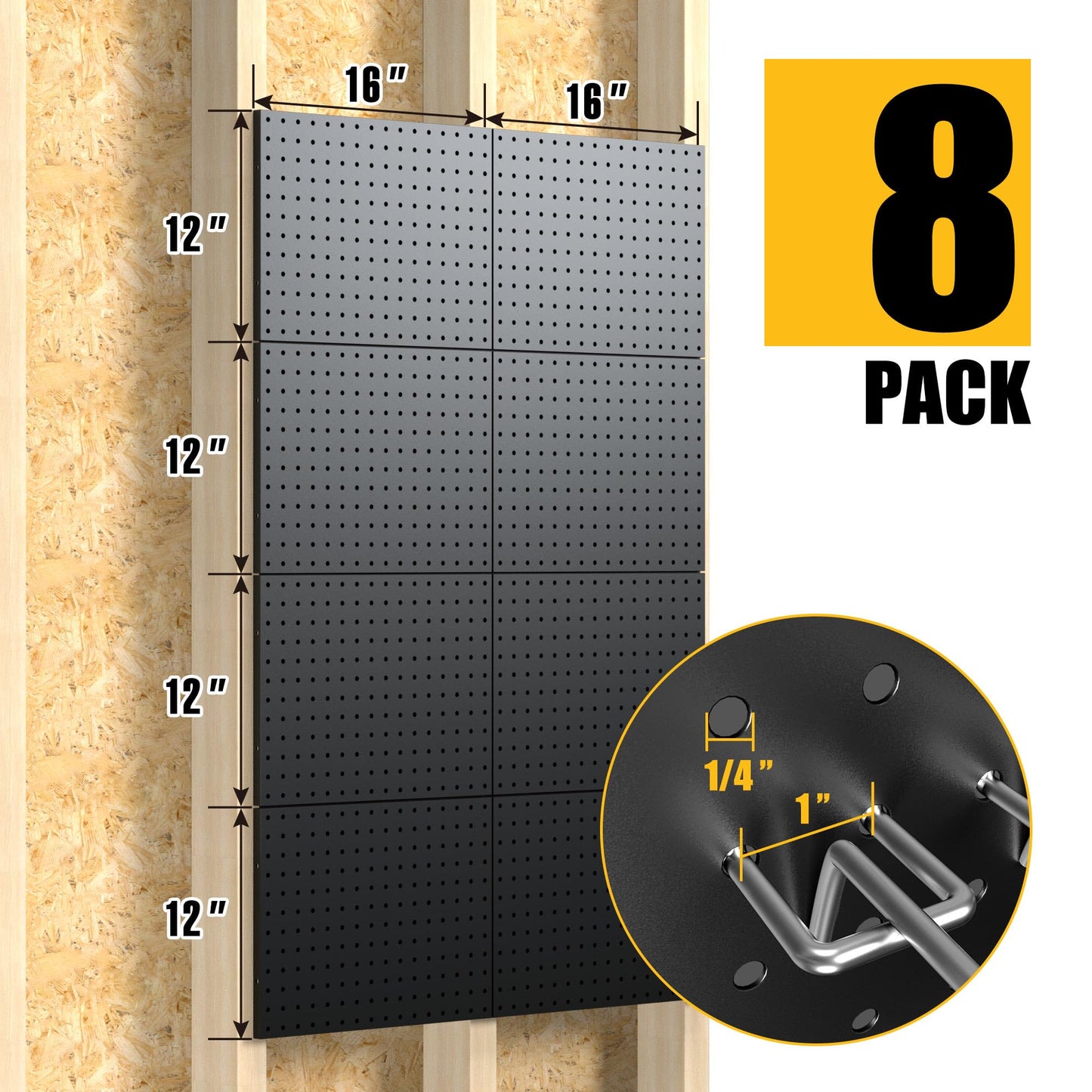 Spampur Peg Board, 8 Pack Metal Pegboard Panels with 50 Hooks, Black Pegboards Wall Organizer, Heavy Duty Peg Board for Walls Home, Garage Tool Storage, Office Organization, Craft Room, Kitchen