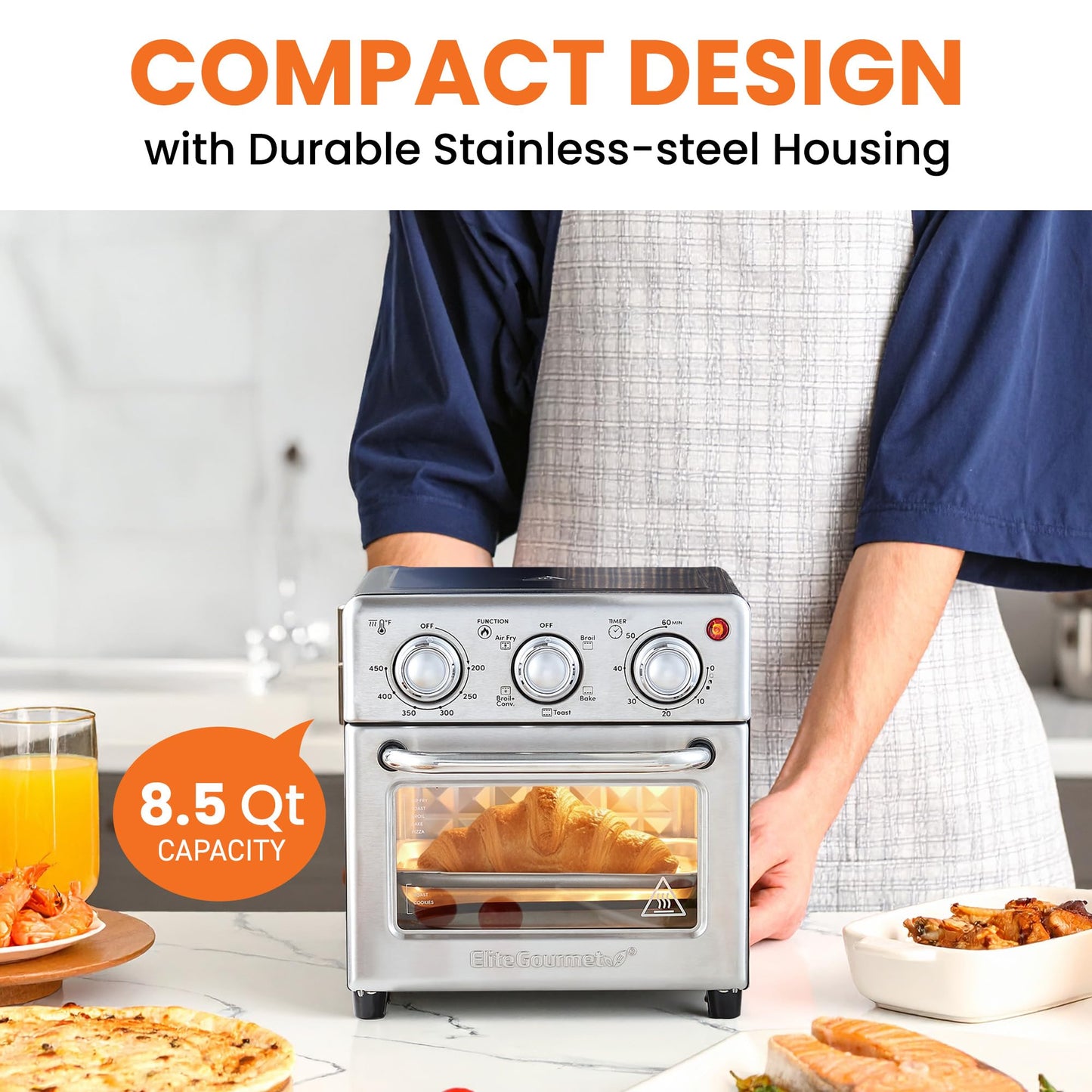 Elite Gourmet EAF0852SS 8.5Qt. Capacity Air Fryer Oven, Air Fry, Broil, Toast, Bake & Broil with Convection, Time and Temperature Controls, 800-Watts, Includes 25 Delicious Recipes, Stainless Steel