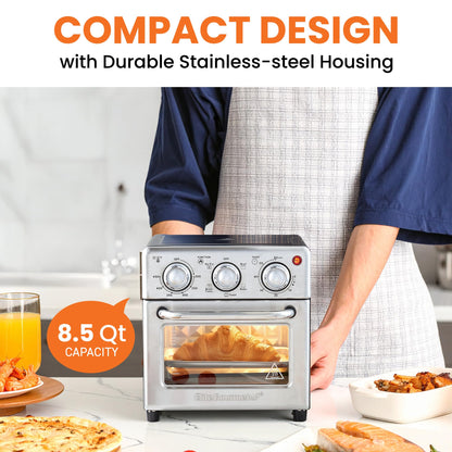 Elite Gourmet EAF0852SS 8.5Qt. Capacity Air Fryer Oven, Air Fry, Broil, Toast, Bake & Broil with Convection, Time and Temperature Controls, 800-Watts, Includes 25 Delicious Recipes, Stainless Steel