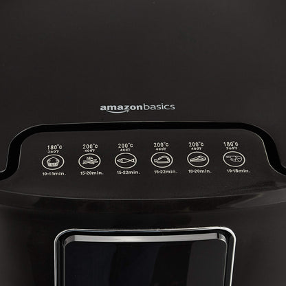 Amazon Basics 3.2 Quart 6-In-1 Digital Air Fryer with Non-Stick Basket, Timer, Auto Shut-Off, Touch Screen, 1400W, 180-400°F Temperature Range, Black/Silver
