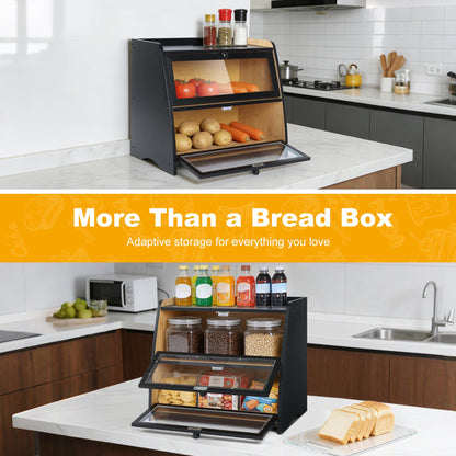 Hwwelis Bamboo Double Layer Bread Box for Kitchen Counter - 2 Layer Large Breadbox for Countertop Organizer - Bread Storage Boxes Container Bin for Homemade Bread - Black