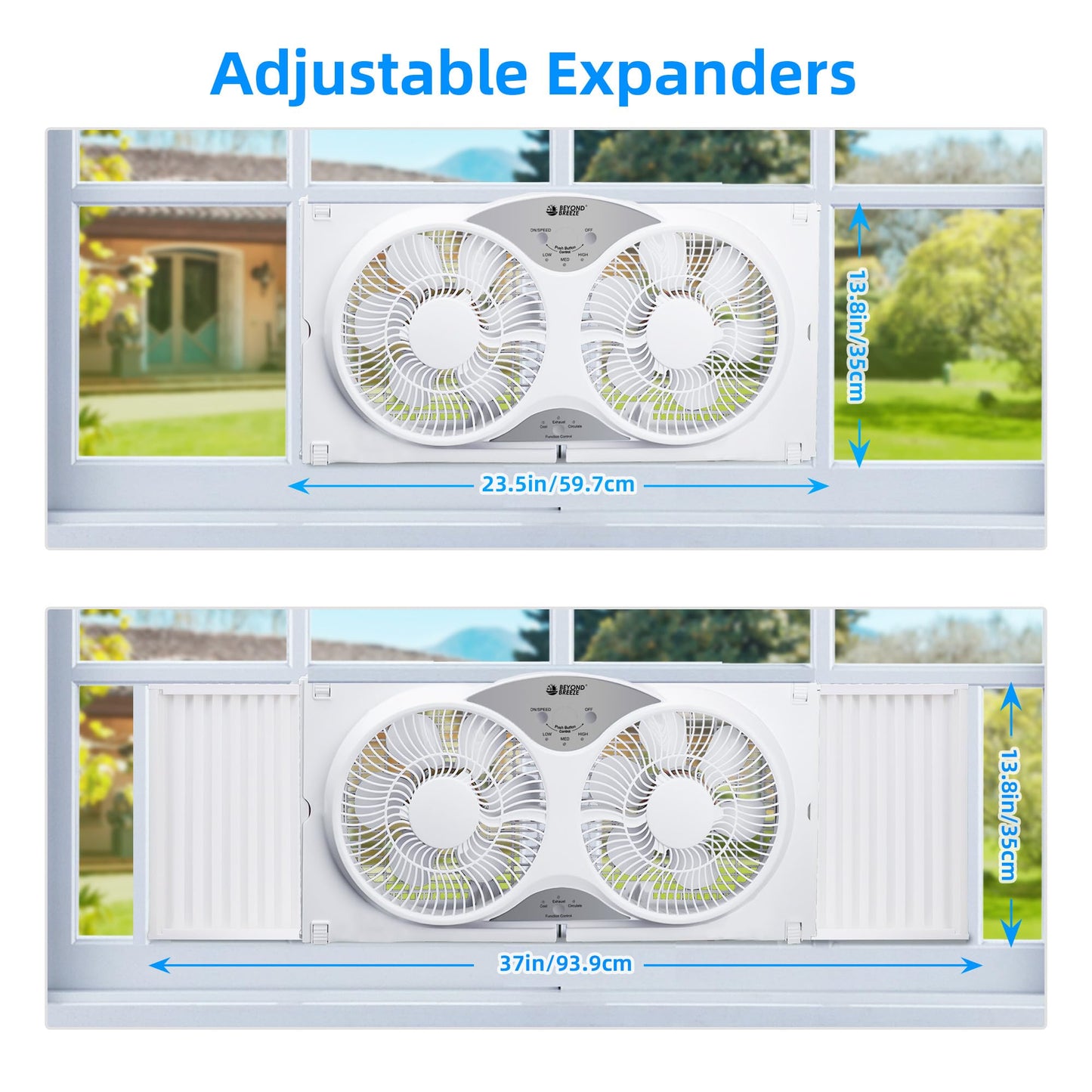 BEYOND BREEZE Window Fan Reversible Airflow, 9" Dual Window Fan with 3-Speed 3 Modes (Cool, Circulate, Exhaust), Remote Control Twin Window Fan 23.5" to 37" Adjustable Width for Bedroom, Kitchen, Home