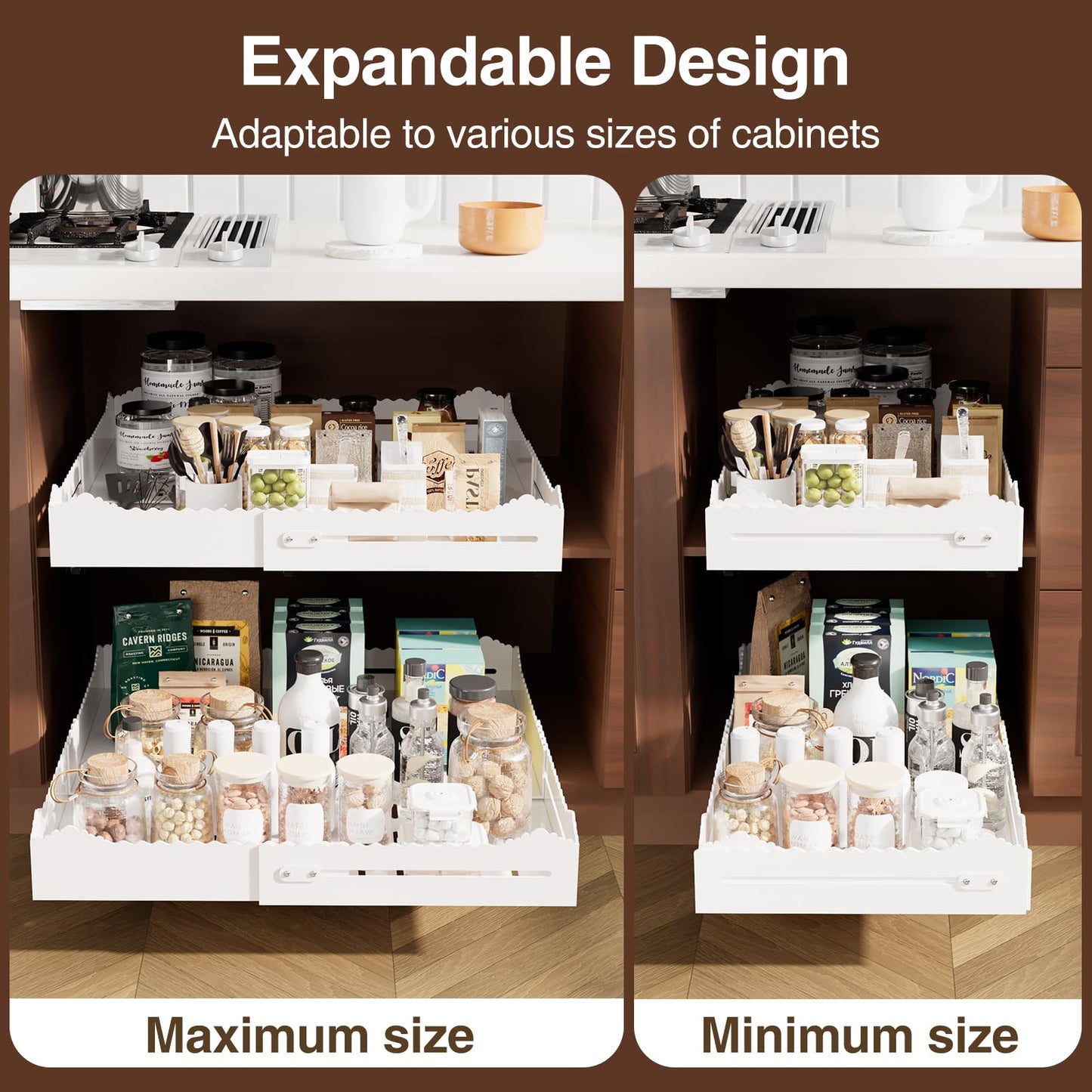 HarmonyHome Pull Out Cabinet Organizer, Expandable Width (12"-18") and Depth (13.7"-23.6"),Pull Out Drawers for Cabinets, Slide Out Drawers for Kitchen Cabinets with Sturdy Metal Pull Out Shelves
