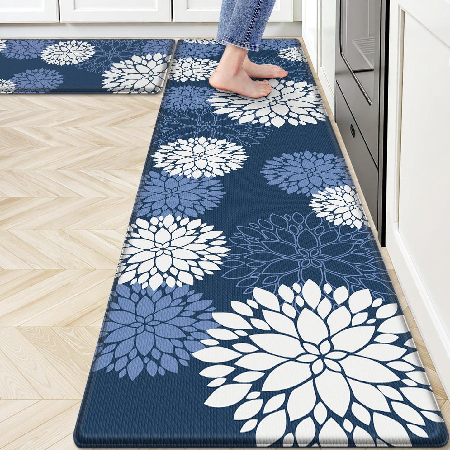 Softercharm Kitchen Mats, 2PCS Non-Slip Cushioned Rugs, Anti-Fatigue Waterproof Floor Rug, Washable Standing Desk Mat, Home Laundry Office Apartment Decor and Accessories (17.3" ×70" +17.3" ×30"-Blue)