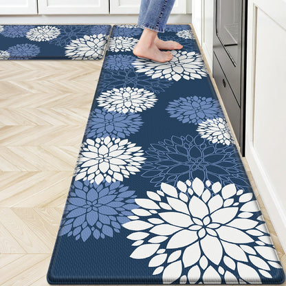 Softercharm Kitchen Mats, 2PCS Non-Slip Cushioned Rugs, Anti-Fatigue Waterproof Floor Rug, Washable Standing Desk Mat, Home Laundry Office Apartment Decor and Accessories (17.3" ×70" +17.3" ×30"-Blue)