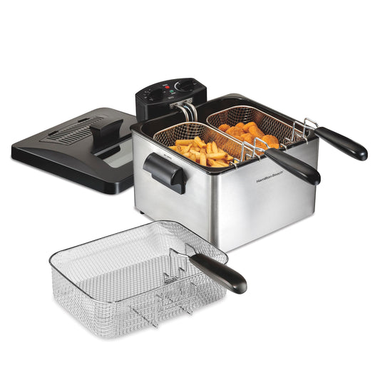 Hamilton Beach Electric Deep Fryer with 3 Baskets and Lid, 4.5 Liters / 19 Cups Oil Capacity, Temperature Control, View Window, Professional Style, 1800 Watts, Stainless Steel (35034)