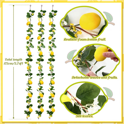 FineCheer 6 Pcs 5.74 ft Artificial Lemon Garland Lemon Vine Garland with Greenery Fake Fruit Party Decoration with Battery Powered Light for Home Door Wall Mantel Wedding Kitchen Table (Stylish Style)