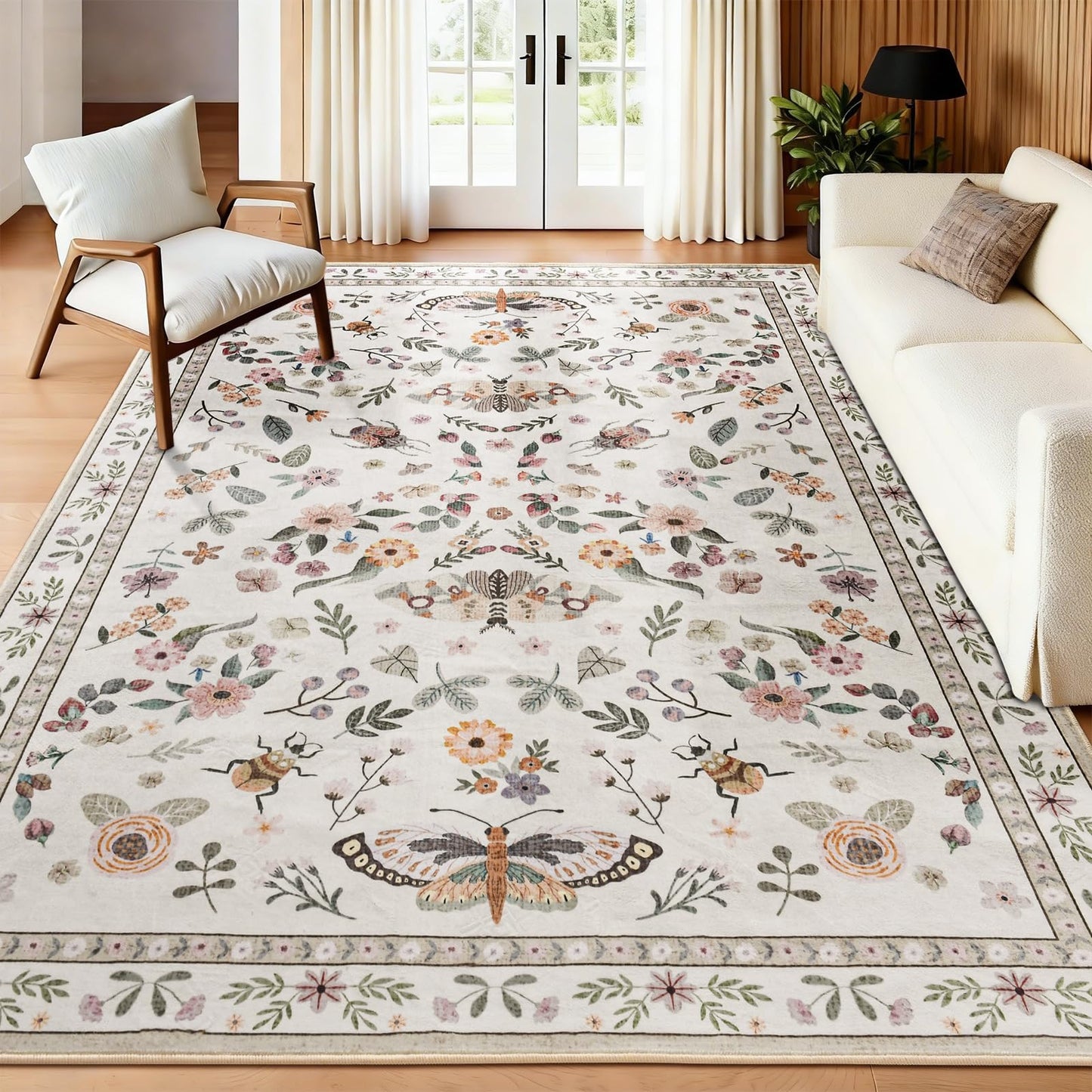 Foxmas Washable Area Rugs for Living Room, 5x7 Non-Slip Butterfly Floral Print Throw Rug, Low Pile Modern Indoor Floor Rug, Carpet for Bedroom Dining Room Laundry Room Kitchen Home Office，Beige