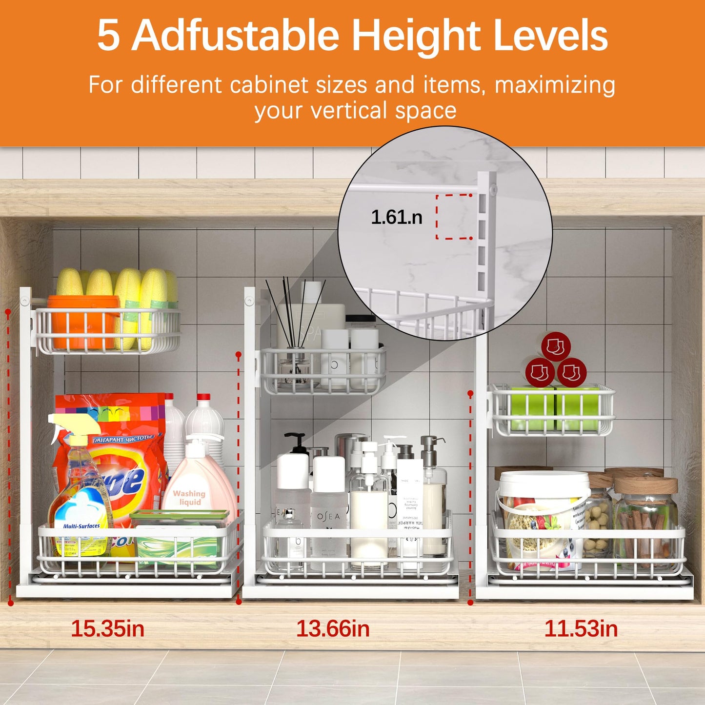 Uninol Under Sink Organizer, Adjustable Height Pull-Out Kitchen Storage Organization,15.8" x 11.8" x 16.5", 2-Tier Kitchen Shelf, Bathroom Drawer Organizer, 2 Pack|White